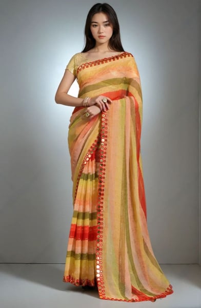 Multicolor Leheriya Print Chiffon Saree