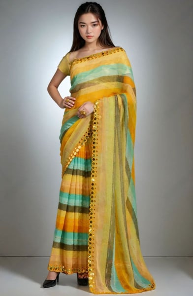 Multicolor Leheriya Print Chiffon Saree
