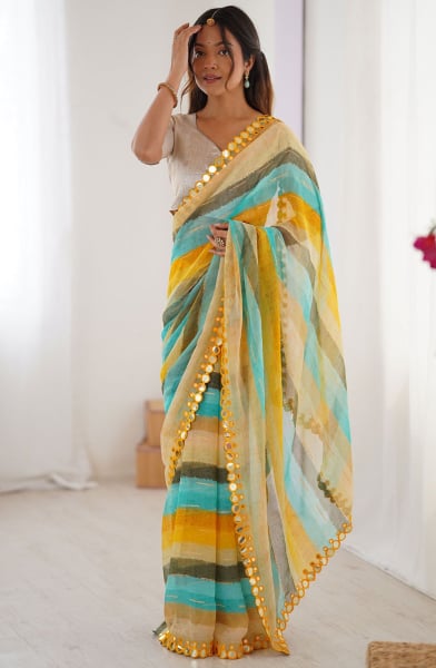 Multicolor Leheriya Printed Chiffon Saree