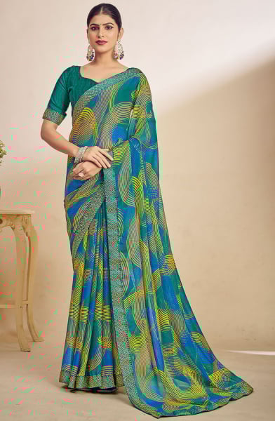 Multicolor Printed Chiffon Saree