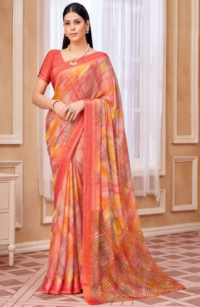 Multicolor Printed Chiffon Saree with Satin Border
