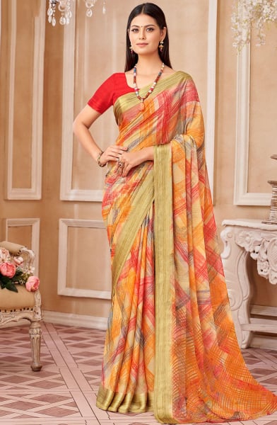 Multicolor Printed Chiffon Saree with Satin Border