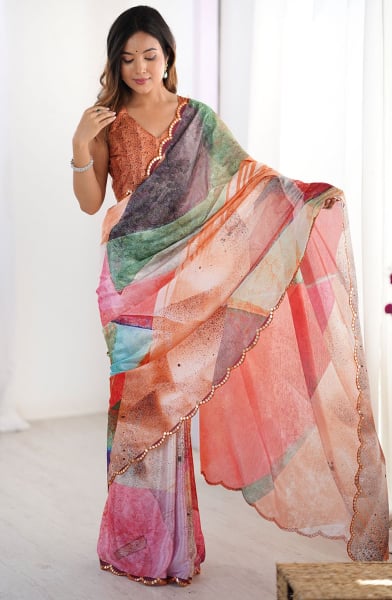 Multicolor Printed Chinnon Casual Wear Saree