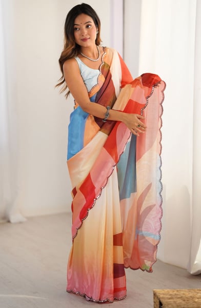 Multicolor Printed Chinnon Casual Wear Saree
