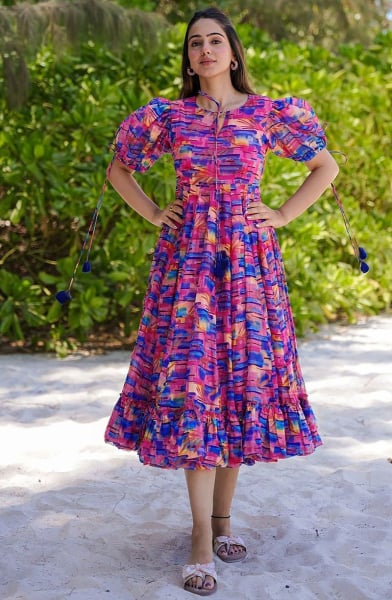 Multicolor Printed Rayon Plus Size Frock