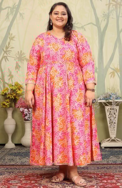 Multicolor Printed Rayon Plus Size Gown