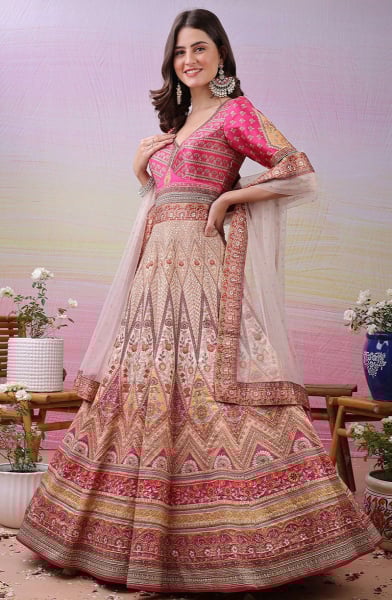 Multicolor Satin Silk Flared Anarkali Gown with Dupatta