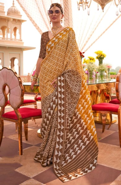 Mustard and Brown Patola Print Silk Saree