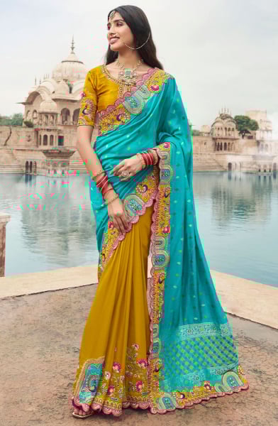 Mustard and Firozi Embroidered Silk Designer Saree