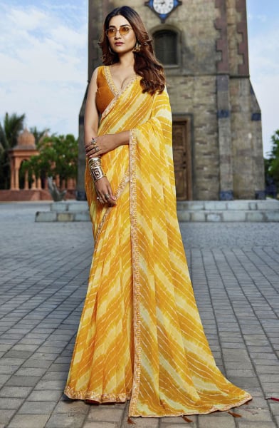 Mustard and Lemon Yellow Bandhani Print Georgette Saree