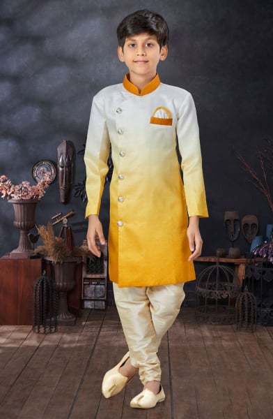 Mustard and Off White Silk Kids Indo Western