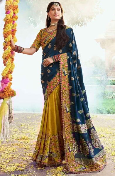 Mustard and Prussian Blue Embroidered Silk Designer Saree