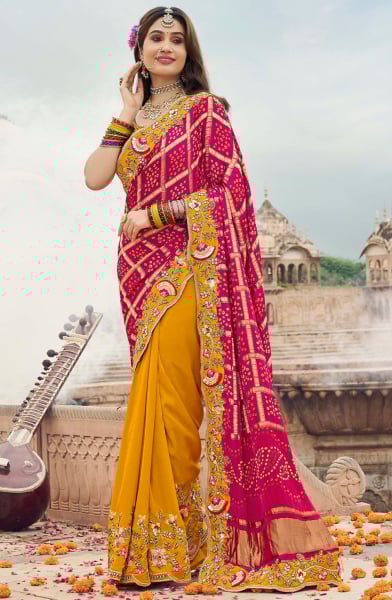 Mustard and Rani Pink Embroidered Silk Designer Saree