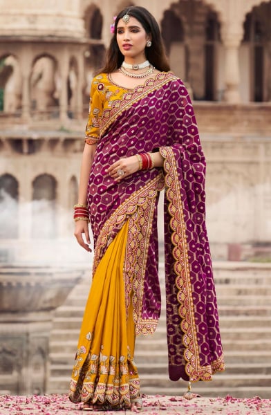 Mustard and Wine Embroidered Silk Designer Saree
