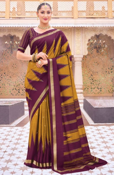 Mustard and Wine Printed Silk Saree for Party