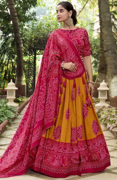 Mustard Bandhani Print Tussar Silk Chaniya Choli