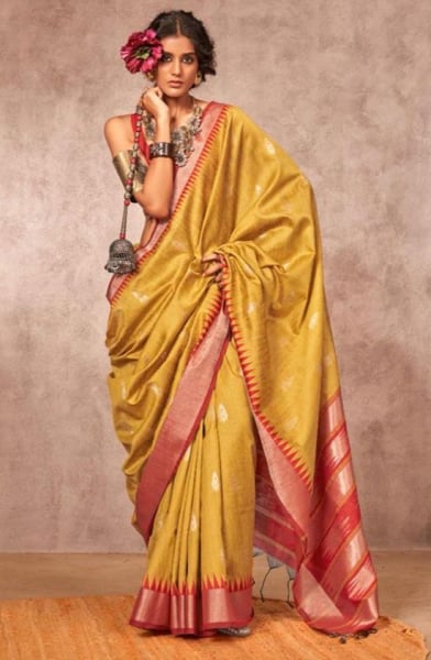 Mustard Bhagalpuri Silk Saree with Gadhwal Border