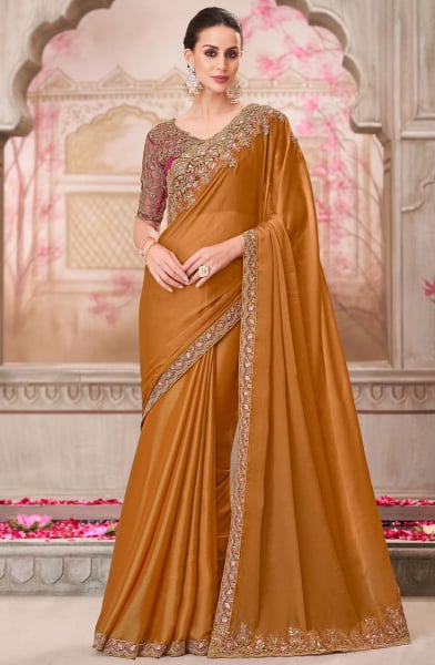 Mustard Chiffon Silk Saree with Embroidered Blouse