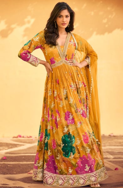 Mustard Chinnon Silk Anarkali Gown with Dupatta