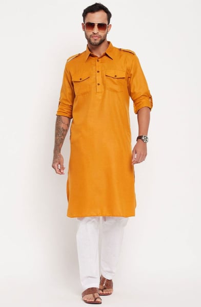 Mustard Cotton Blend Pathani Kurta Set
