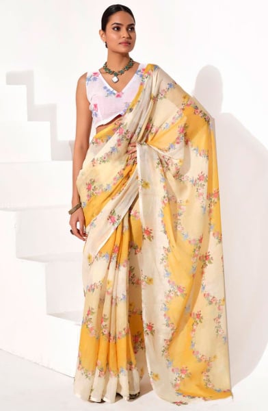 Mustard Cotton Blend Printed Saree