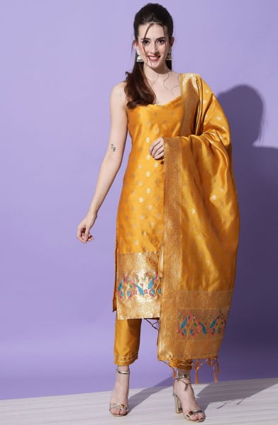 Mustard Cotton Silk Jacquard Readymade Suit