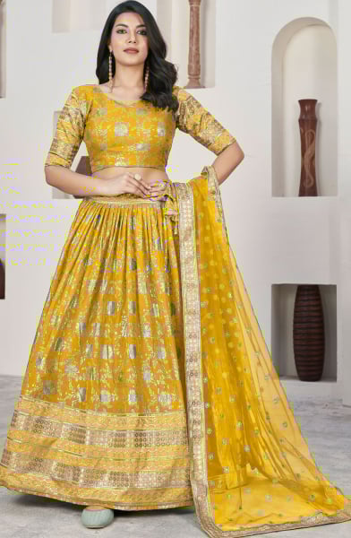 Mustard Dola Jacquard Lehenga Choli with Net Dupatta