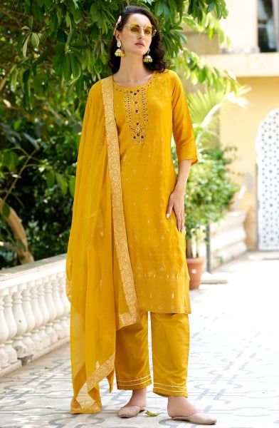 Mustard Embellished Viscose Rayon Readymade Suit