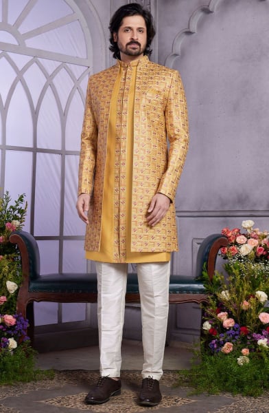 Mustard Embroidered Art Silk Indo Western