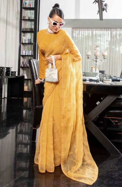 Mustard Embroidered Chiffon Saree for Party