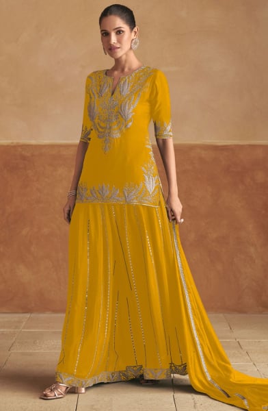 Mustard Embroidered Chinnon Lehenga Kameez