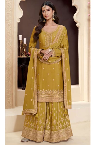 Mustard Embroidered Chinnon Palazzo Kameez