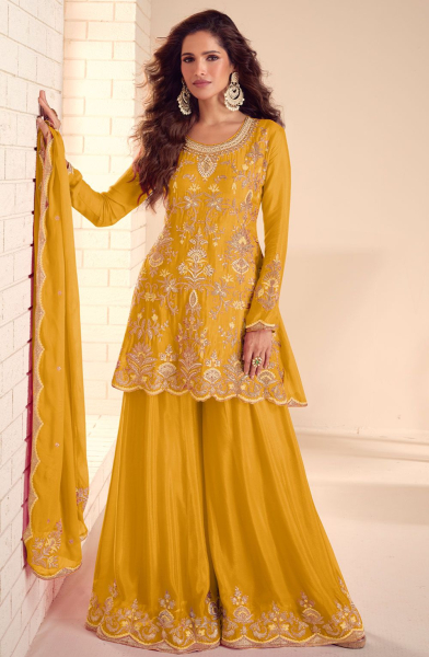 Mustard Embroidered Chinnon Palazzo Kameez