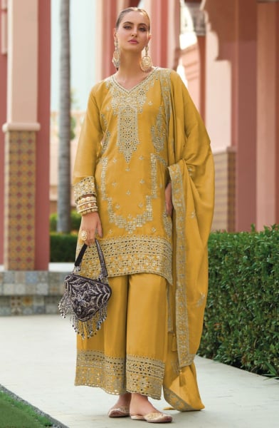 Mustard Embroidered Chinnon Silk Palazzo Kameez