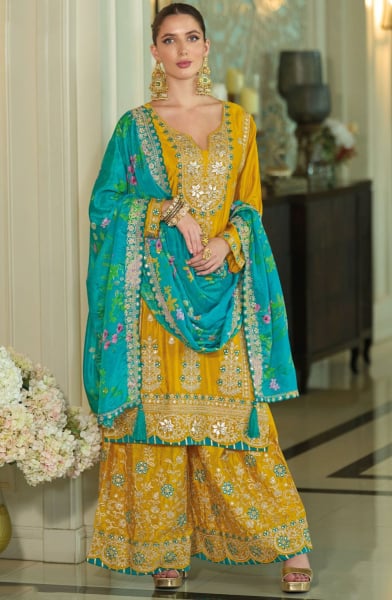 Mustard Embroidered Chinnon Silk Palazzo Kameez