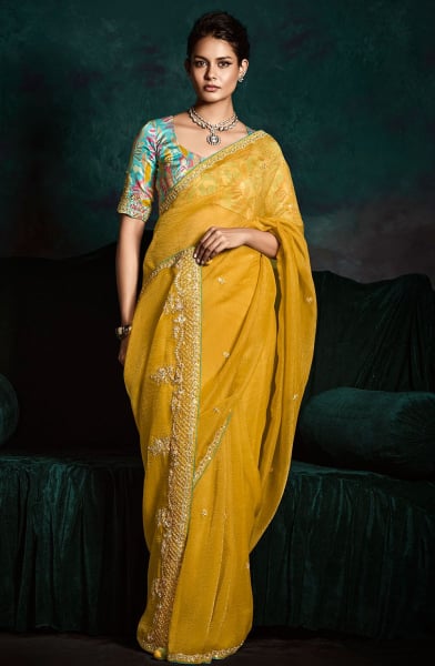 Mustard Embroidered Designer Saree for Wedding