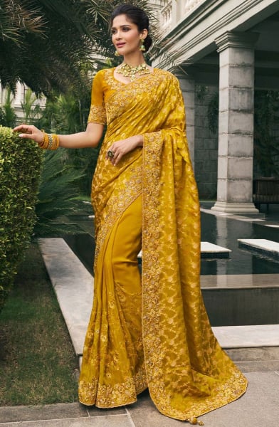 Mustard Embroidered Designer Tissue Silk Saree