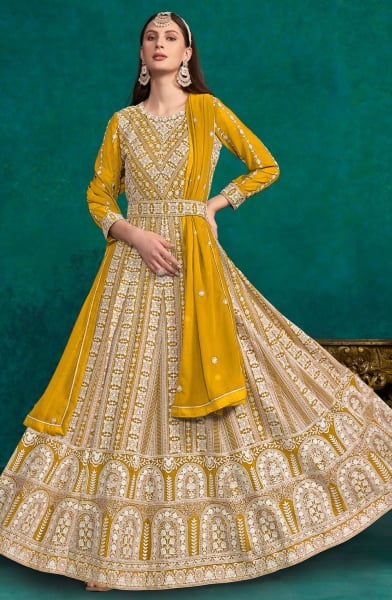 Mustard Embroidered Faux Georgette Anarkali Suit