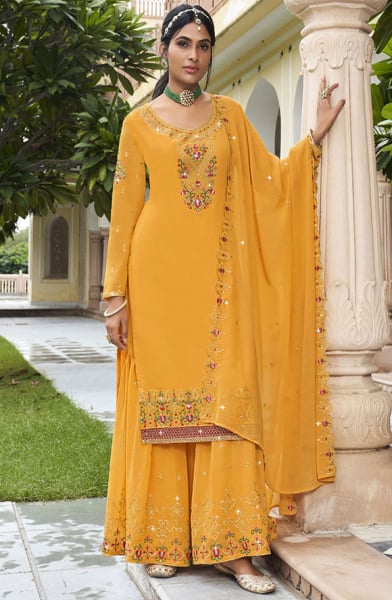Mustard Embroidered Georgette Palazzo Kameez