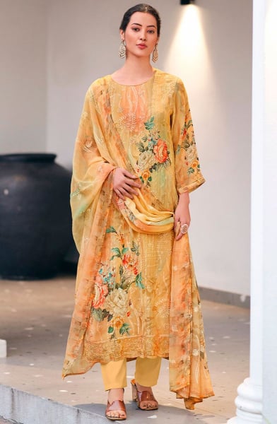 Mustard Embroidered Georgette Pant Kameez