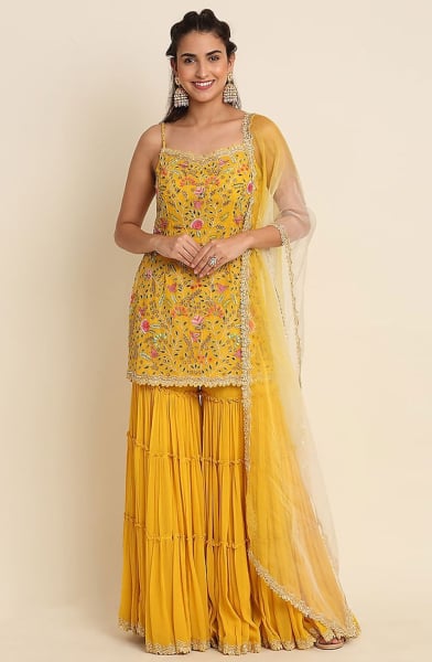 Mustard Embroidered Georgette Sarara Kameez