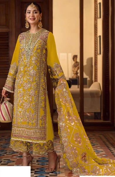 Mustard Embroidered Georgette Trouser Kameez