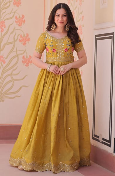 Mustard Embroidered Gold Crush Flared Gown