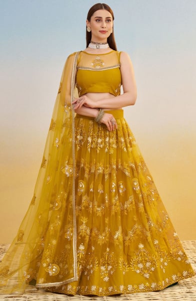 Mustard Embroidered Net Designer Lehenga Choli