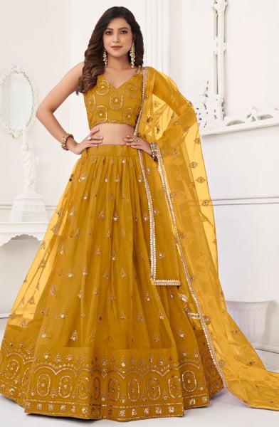 Mustard Embroidered Net Lehenga Choli