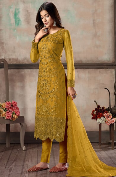 Mustard Embroidered Net Pant Kameez