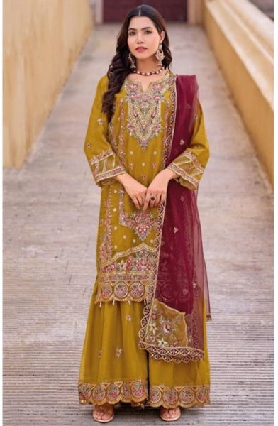 Mustard Embroidered Organza Readymade Sarara Kameez