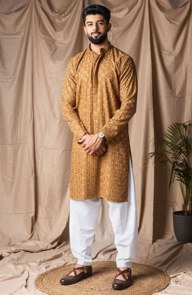 Mustard Embroidered Rayon Kurta Set