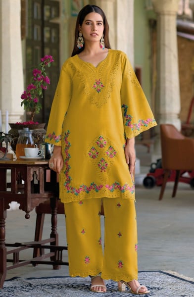 Mustard Embroidered Roman Silk Co-Ord Set