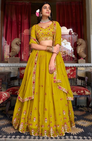 Mustard Embroidered Satin Lehenga Choli for Wedding
